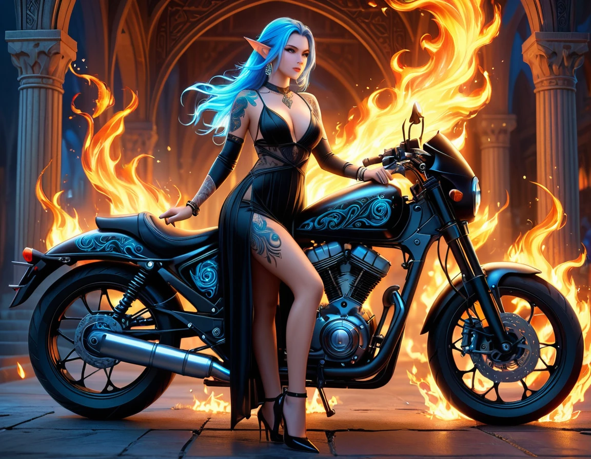 Arabic, Dark fantasy art, fantasy art, Gothic Kunst, a picture of a tattooed elf next to her motorcycle (​masterpiece, best detailed, Ultra-Detail: 1.5)  the tattoo is alive, intricate details come to life from the ink, GlowingRunesAI_blass_blue, ((Fire surrounds the motorcycle: 1.5)), ultrafeminin, ((beautiful delicate face)), Ultra-detailed face, small pointed ears, dynamic angle, ((the back is visible: 1.3), she wears a transparent black dress, the dress is elegant, fluently, Elf style, that the tattoos glow, dynamic hair color, dynamic hairstyle, high details, best quality, 16K, [Ultra-Detailed], ​masterpiece, best quality, (extremely detail), dynamic angle, Full body shot, interested, Subscribe to, digital drawing