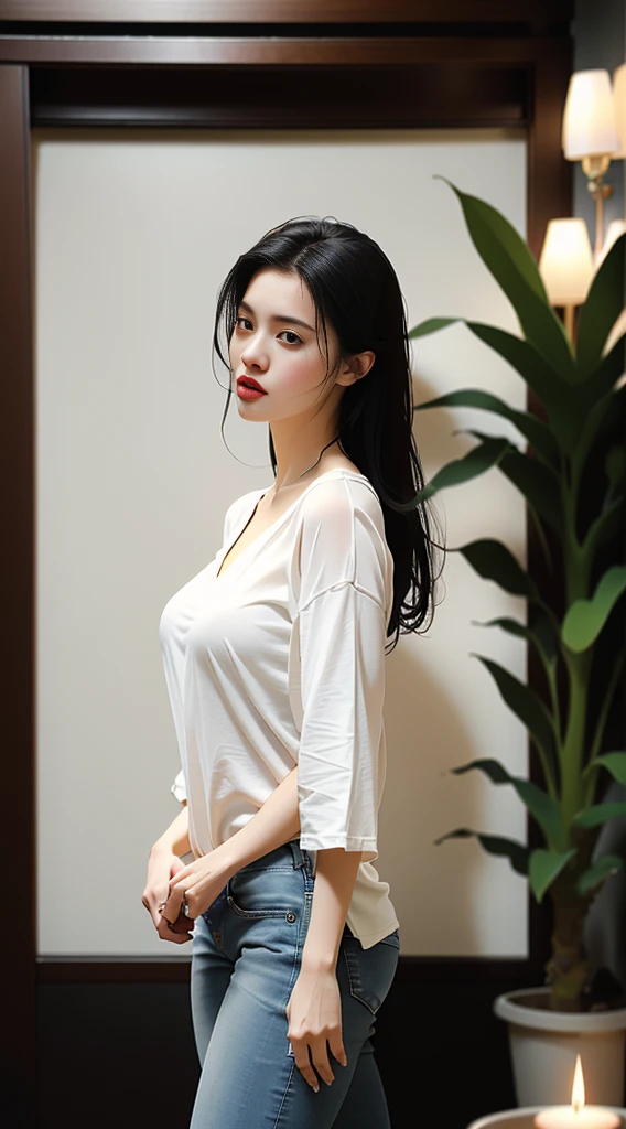 Best image quality， masterpiece， Ultra-high resolution， （Honesty：1.4）， Light Solution， 1 girl，Full Body Love，White shirt，Shabby jeans，White sneakers， Dark， dark， despair， mercy， Lovely， light， Tears， teardrop， （The clothes are torn：1.5）， （Wet clothes：1.4）， Expose bare shoulders， Real rain， Wet hair,