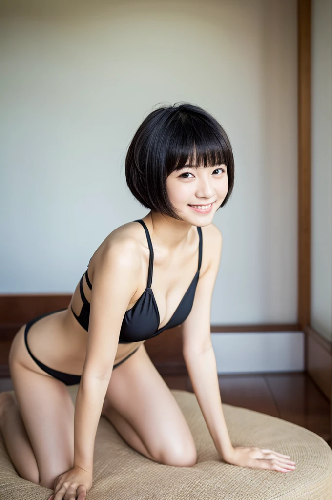 Top quality, 1 beautiful Japanese girl, (short Hair:1.3), black hair, wearing sexy clear swimwear, all fours pose, shy-smile, all body, at room