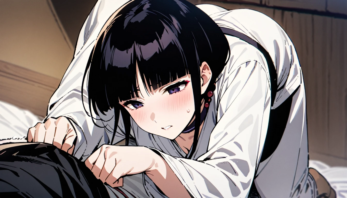 kurotsuchi nemu,(One of the boys pushed the woman onto her back on the floor, climbed on top of her and held down her wrists.),masterpiece, best quality,