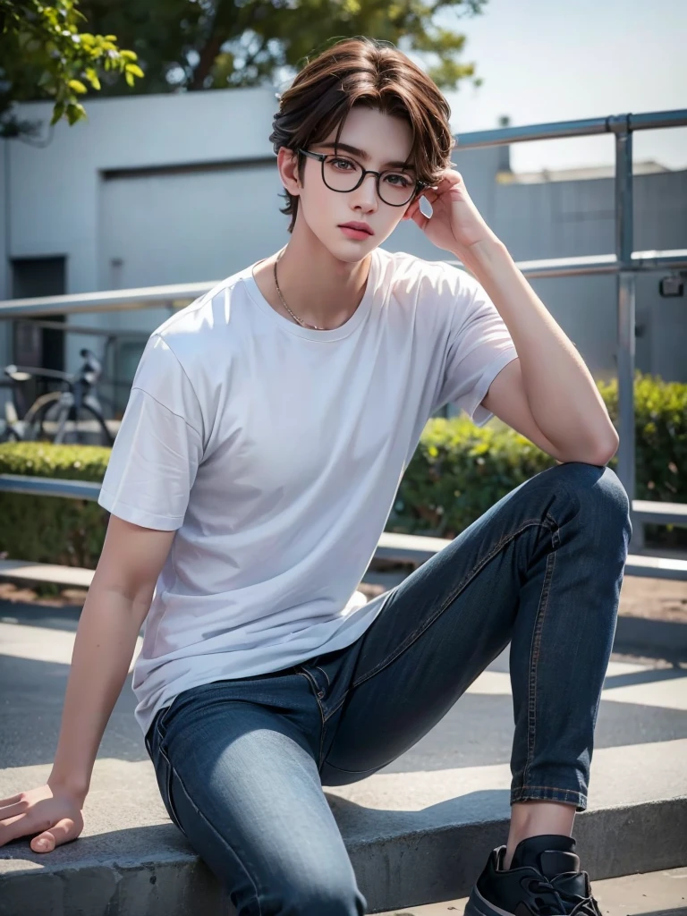 1 boy, detailed eyes, curly brown hair, pale smooth skin, sitting outdoors, black skinny jeans, plaid shirt outside, t-shirt inside, model, (best quality,4k,8k,highres,masterpiece:1.2),ultra-detailed,(realistic,photorealistic,photo-realistic:1.37),hyperrealistic, cinematic lighting, professional photography, natural setting, warm color tones, pale skin ultra realistic soft smooth skin, soft smile, wearing glasses,skater boy vibe, sitting at skatepark
