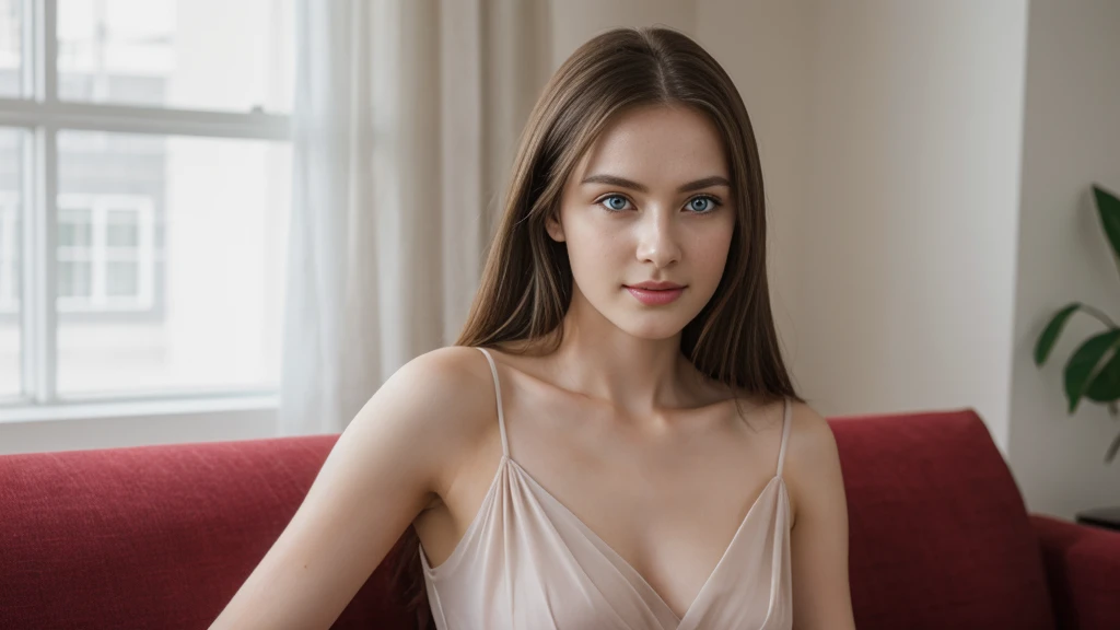 8K,Ultra-clear,exquisite,lifelike,photography,an icelandic woman with beautiful delicate eyes, Beautiful and delicate lips, Extremely detailed face and skin, Pale skin,20 years old,Exquisite three-dimensional facial features,grace,A faint smile,Wearing a red silk dress,Smooth texture clothing fabric,chest circumference:d,Big breasts,20 years old,young and energetic,Sitting on the living room sofa,Aesthetic,Exquisite facial features,Ultra-clear,beautiful eyes,Natural eyes,Natural expression,Beautiful and delicate lips, Extremely detailed Beautiful photography, Long eyelashes, Good anatomy, Practical skin texture, delicate eyes, professional, 4K, Wide-angle lens, Optical depth of Field, Kodak Vision Color, Perfectly proportioned body, Extremely detailed, ultra-photoPractical, Practical, Post-Processing, Maximum details, Roughness, real life, ultra -Practical, Photorealism, photography, 8K Ultra Hd, photography