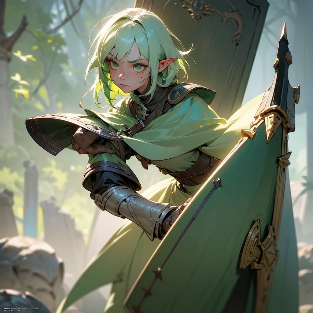 a beautiful young dark elf girl with Grey skin tone, light green hair and dark green eyes, freckles on her face, stature, holding a small shield in her right hand, excellent medic skilled in poisons and medicines, fantasy, digital art, highly detailed, intricate, cinematic lighting, vibrant colors, 8k, photorealistic, concept art, character design