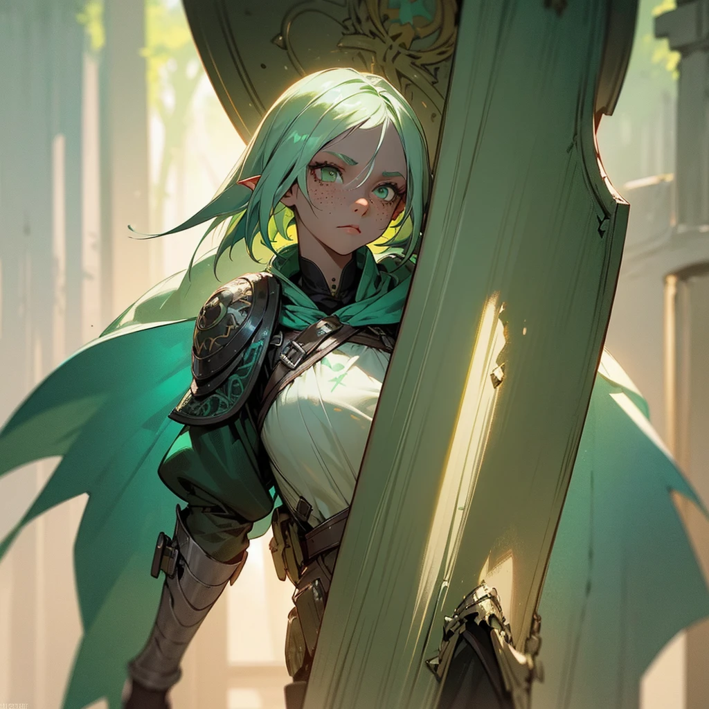 a beautiful young dark elf girl with Grey skin tone, light green hair and dark green eyes, freckles on her face, stature, holding a small shield in her right hand, excellent medic skilled in poisons and medicines, fantasy, digital art, highly detailed, intricate, cinematic lighting, vibrant colors, 8k, photorealistic, concept art, character design