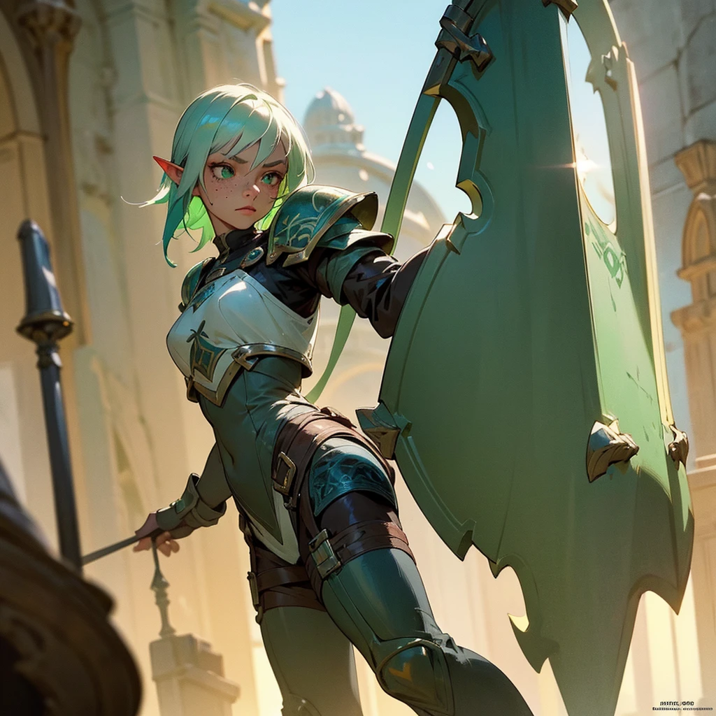 a beautiful young dark elf girl with  Grey skin tone, light green hair and dark green eyes, freckles on her face,  stature, holding a small shield in her right hand, excellent medic skilled in poisons and medicines, fantasy, digital art, highly detailed, intricate, cinematic lighting, vibrant colors, 8k, photorealistic, concept art, character design