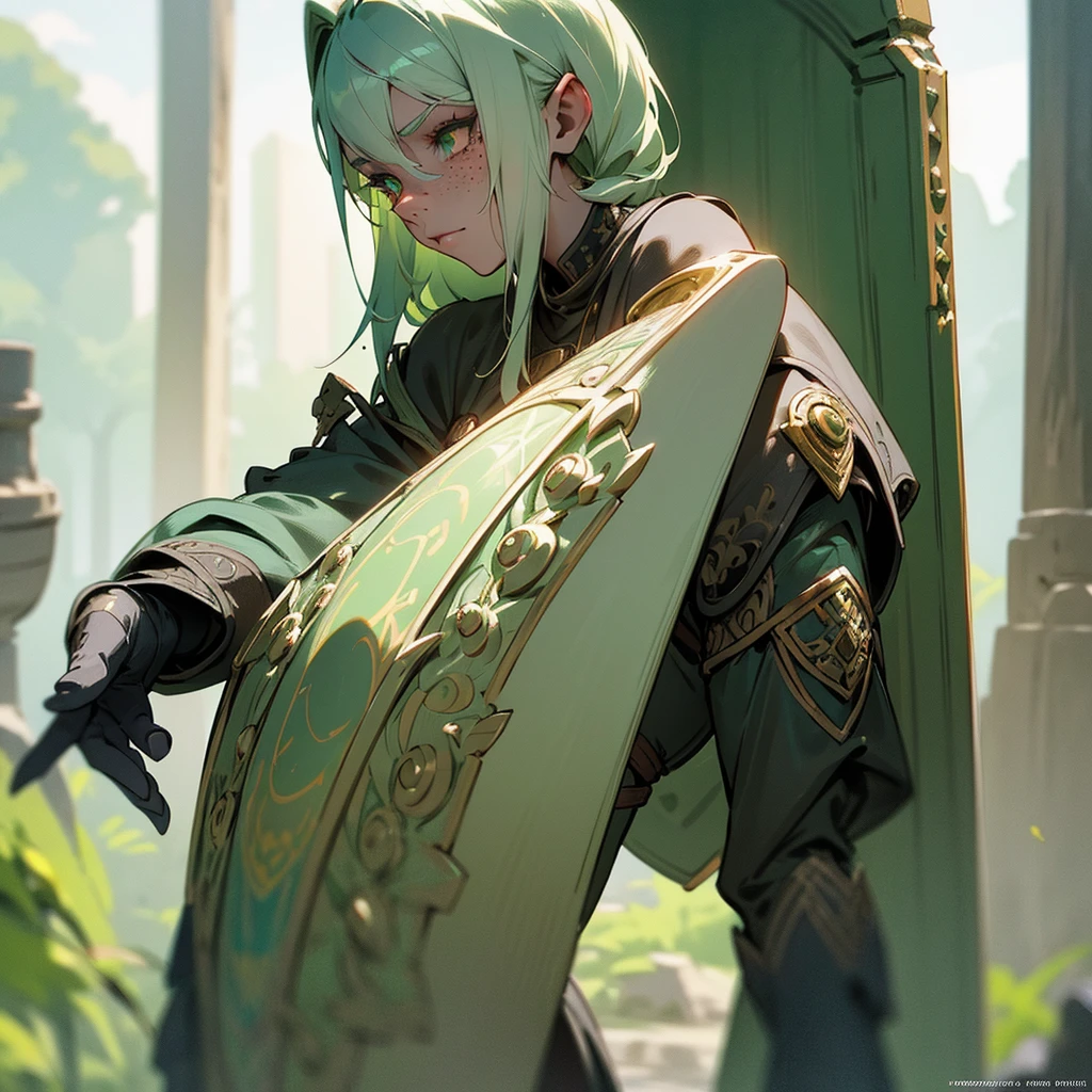 a beautiful young dark elf girl with Grey skin tone, light green hair and dark green eyes, freckles on her face, stature, holding a small shield in her right hand, excellent medic skilled in poisons and medicines, fantasy, digital art, highly detailed, intricate, cinematic lighting, vibrant colors, 8k, photorealistic, concept art, character design