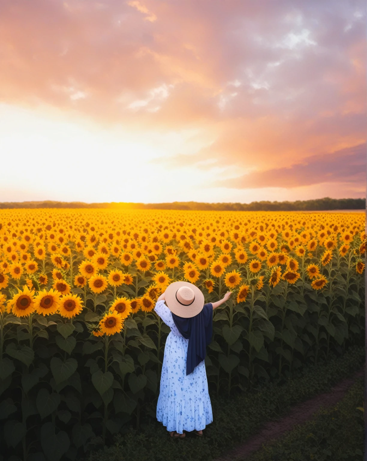 arafed woman in a Sunflower field with a hat on, scene: Sunflower field, scene : Sunflower field, Sunflower field, girl Standing in a flower field, girl Standing in a flower field, Girl in the flower garden, Standing in a flower field, woman Standing in a flower field, Standing in a flower field, Sunflower field, color : 黄colorいひまわり、The woman is wearing a white sleeveless dress.