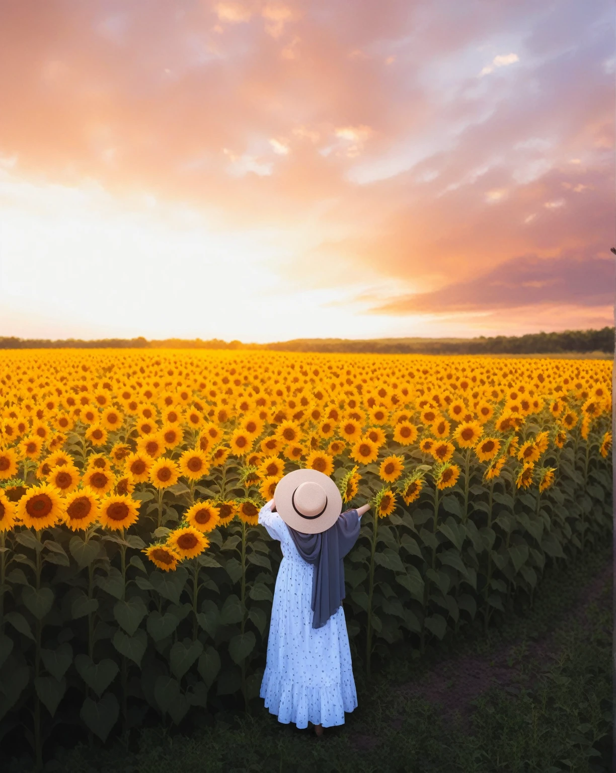 arafed woman in a Sunflower field with a hat on, scene: Sunflower field, scene : Sunflower field, Sunflower field, girl Standing in a flower field, girl Standing in a flower field, Girl in the flower garden, Standing in a flower field, woman Standing in a flower field, Standing in a flower field, Sunflower field, color : 黄colorいひまわり、The woman is wearing a white sleeveless dress.