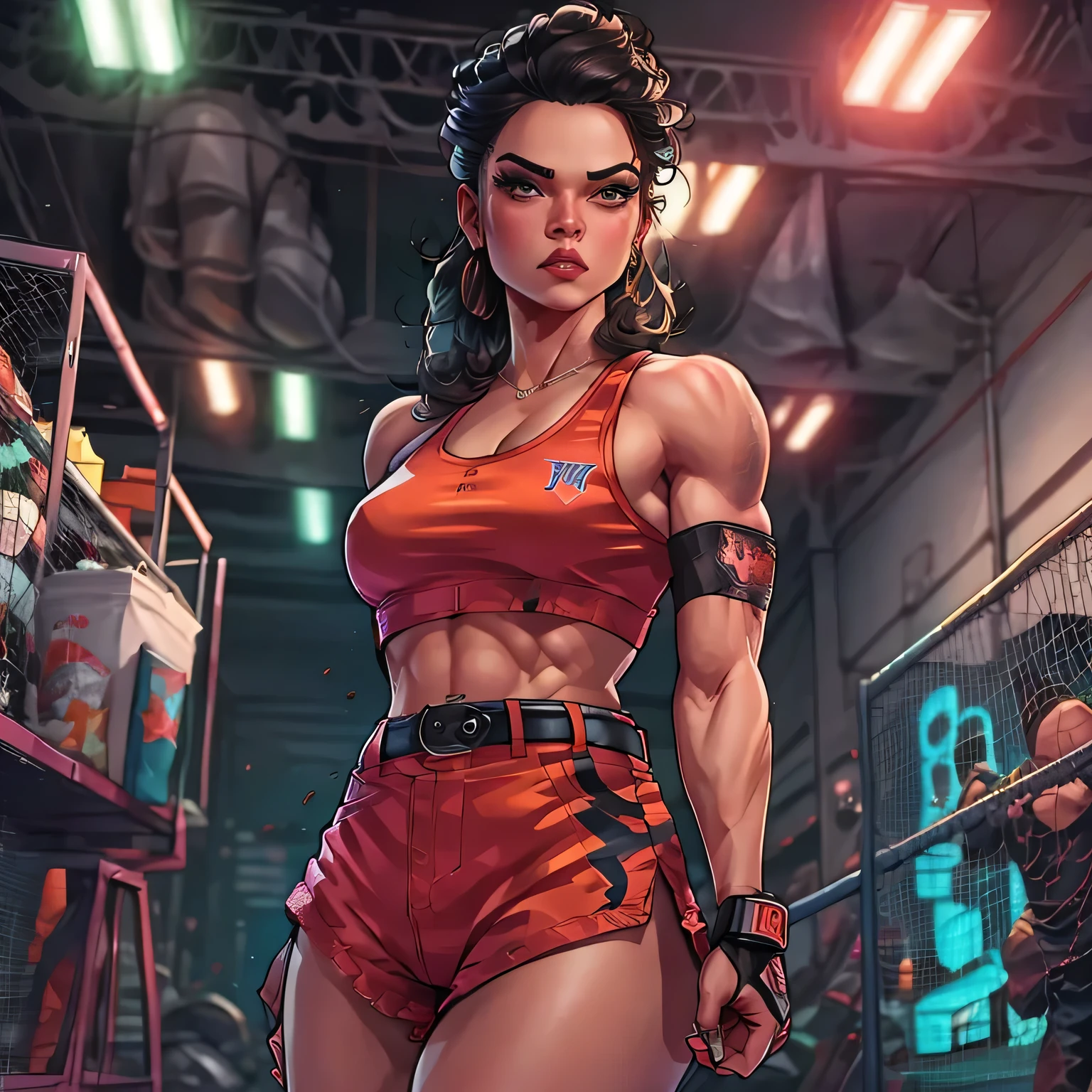 ((Guts pump)) ((look up at the ceiling))((Flashy professional wrestler costume))(((Female professional wrestler))) (((Muscular))) ((Pro wrestling match venue)) ((Indoor))Female (((Abs)))(((female professional wrestler)))) cleavagelarge monitorPro wrestling lighting match venue cocktail light crowd,,