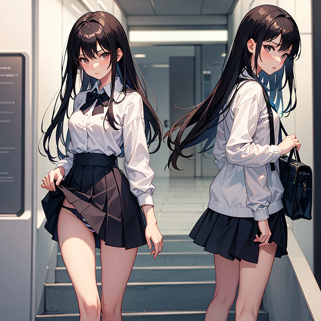 master piece, extremely detailed, high resolution, Makoto shinkai style, high school girl, going up the escalator, looking back at you with her back to you, miniskirt, panties visible, embarrassed as she holds her skirt down, glossy full lips, shiny hair, black hair, medium-long straight hair, short-sleeved shirt, blue bow tie, mid-bust, slender waist, above the waist, looking at the camera, brown eyes, pink lips, blushing cheeks and embarrassed, striped panties visible