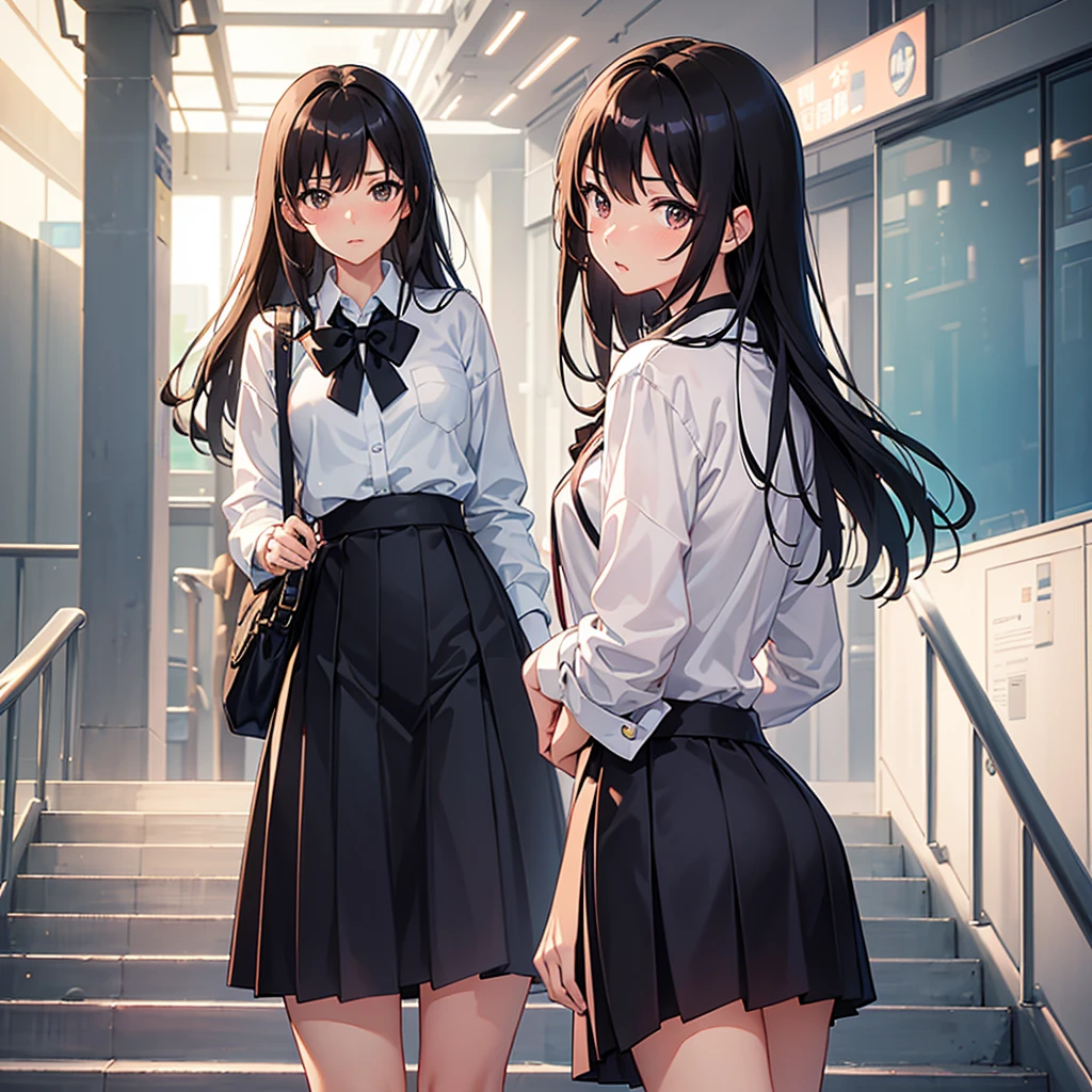 master piece, extremely detailed, high resolution, Makoto shinkai style, high school girl, going up the escalator, looking back at you with her back to you, miniskirt, panties visible, embarrassed as she holds her skirt down, glossy full lips, shiny hair, black hair, medium-long straight hair, short-sleeved shirt, blue bow tie, mid-bust, slender waist, above the waist, looking at the camera, brown eyes, pink lips, blushing cheeks and embarrassed, striped panties visible