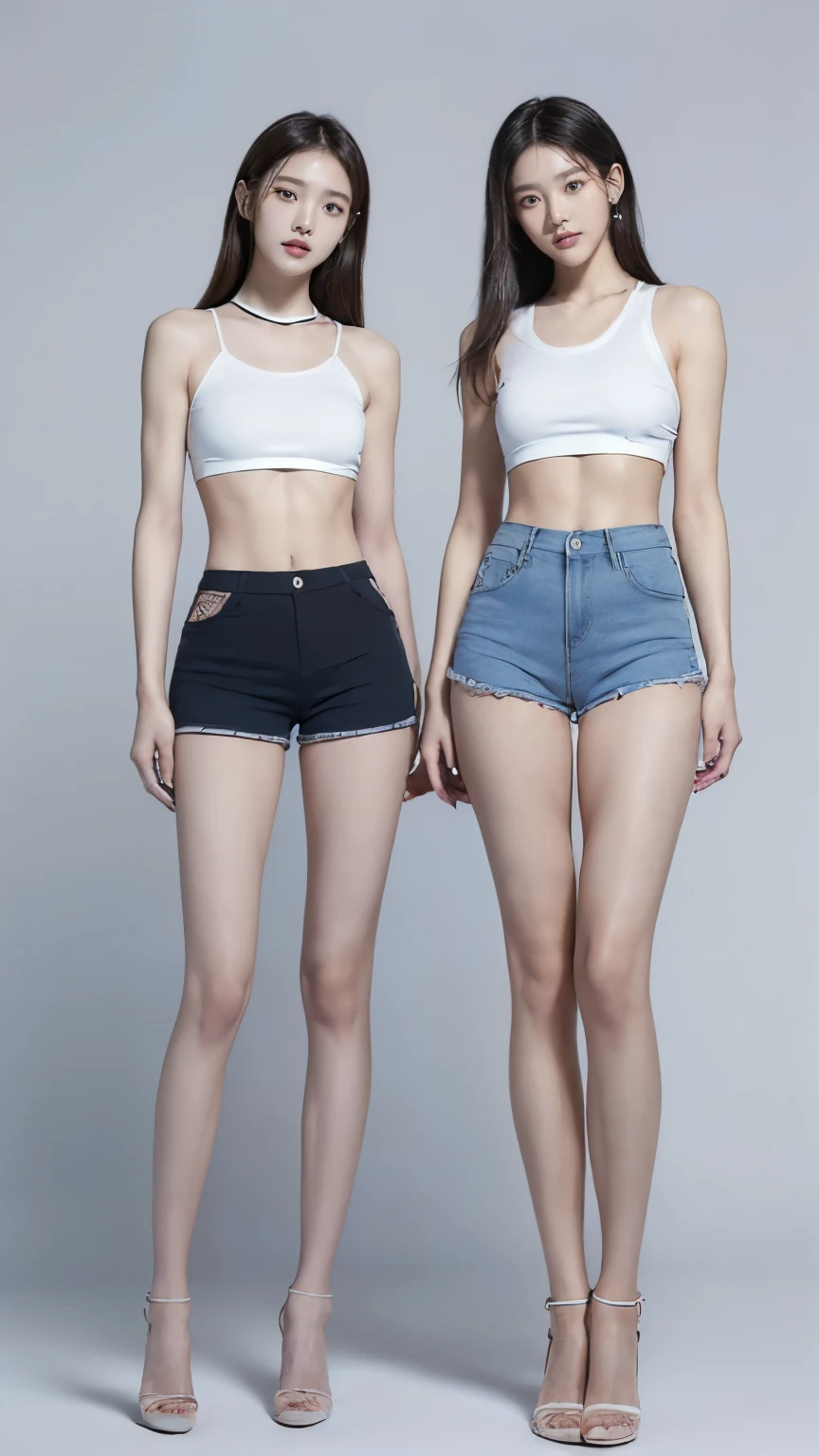 (highest quality, 8K masterpiece: 1.3), concentrated: 1.2,((((Both of them stand with their legs apart)))),(((Both of them have an inseam that is more than half their height.))),((Bare legs)),((Both of them are extremely slim)),((They both have super slim legs)),((2人ともアジア人離れした超tall)),((They are both the same height)),((Two beauties with perfect supermodel style: 1.2)), Super thin waist: 1.2, Thin buttocks,(Clearly reproduces the detailed contours of the body), Open the navel,完璧なSuper thin thighs: 1.2),(((Both of them have amazingly slim figures.))),((Denim micro mini skirt)),Highly detailed face and skin texture,((整ったBoth eyes)),Beautiful nose, fine 目, double eyelid, White skinned asian, smile: 1.2, happiness: 1.2, teeth, tongue, Both eyes, Lip gloss, Ultra-Realistic Details, Wide Lighting, Natural Shadows,(((((Both of them take full body shots: 1.8))))),(Very small hips),Large firm breasts, Super long thighs,(Super thin thighs),(Super slim calves),(Skinny thighs),((Small Ass)),Super muscular body,Super toned waist,More emphasis on the abdominal muscles,((Both of them are muscular and have clearly defined six pack abs.)),Super thin waist,((White high heels)),(tall),(((Both of them are extremely exposed.))),lengthen limbs,((Slender Asian Girl)),((K-Pop Idols)),(White short mini camisole),(The background is a girls' high school classroom.),The background is a classroom with rows of desks.,Round eyes,(Beautiful nose),Hands on hips,Both of them face forward,(((Both of you should face your whole body straight ahead.))),Super long arms,Thin hands,(Long black hair),((Both of them stand up straight.)),顔のBoth eyesと鼻と口のバランスが綺麗に整っている,Both eyesが綺麗な自然体,Beautiful natural nose,(Keep your hips facing forward),Both of them are beautiful with a 9-head body proportion.,Very thin ankles,The arms are very slender and muscular,The legs are super slender and muscular,Make your arms thinner,Super slim and muscular legs,Both of them have super long legs.,The middle of the thighs are very thin,Super muscular and extremely slim calves,Super muscular and slim thighs,Very tight waist,(Both of them have an inseam that is more than half their height.の美脚),Extremely thin thighs,Fine skin,Firm skin,(((Both of them should fit from the top of their heads to the toes of their heels.))),(((Both of them have super slim legs))),Both of them have super slim and muscular legs.,Cute Girls,((Low - Angle)),Browsing Caution,information