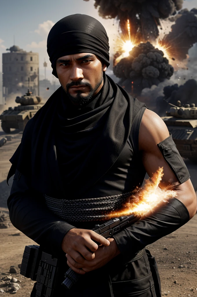 A character on a computer game, a black-and-white shawl on his head, a machine gun with a sight on his hand, tanks standing next to him, an exploding bomb in the background, the sun shining in his eyes, realism,