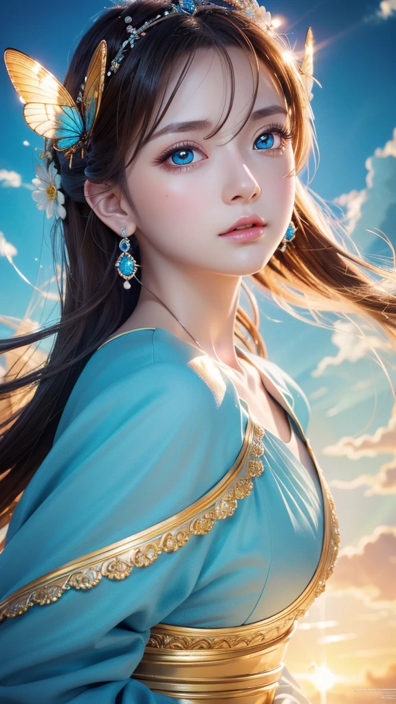 Piece Fly, best quality, illustration, Very detailed, Fine details, high resolution, 8K Dende Wallpaper, Perfect dynamic composition, Exquisite and detailed, Bright and shiny light sky blue, Very big eyes, Women's Fashion Summer,Extra Long Platinum Blonde Hair,Bangs between the eyes、Large Breasts、Natural lipstick, Bold and sexy pose,Shy laugh,Cute、20-year-old girl,Very cute face、Girl with a pretty face、Sexy shot looking at camera、Cheek highlights