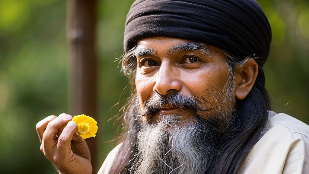 The face of a Sadhguru is peaceful, his eyes gleam with confidence and wisdom. He holds a bansa in his hands, representing his deep spiritual knowledge. He serves his disciples like a slave, guiding them and Providing assistance."