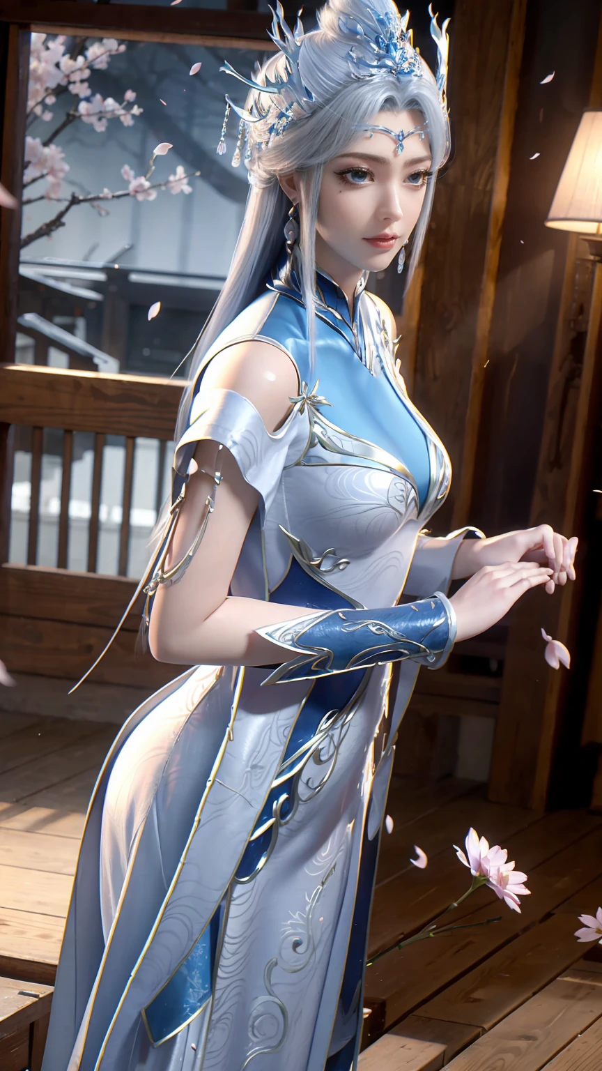 (Logo、masterpiece、8K、On the table、RAW photos、wonderful、最high quality、Photorealistic and hVery detailed CG integrated 8K wallpaper、high quality、Very detailed、Narrative Poems、Particle Effects、dynamic effect)、fantasy、 (1 beautiful woman、Pretty Face、serious、Beautiful and delicate eyes、Beautiful skin、Woman dancing gracefully:1.4)、头发在wind中飘舞、hair jump、camisole、Silver earrings、night、wind、snow and 霜、Very cold winter day、Bathtub side、wonderful scenery、美丽的自然wind光、night sky、wind、Cherry blossoms、Cherry blossomsの花びらが舞っている、Fubuki Sakura、Falling Flowers，Suspender Pajamas，Lace-edged pajamas，Full body capture，Wet all over，Water Magic，Wet，Silver long hair，Gauze on body