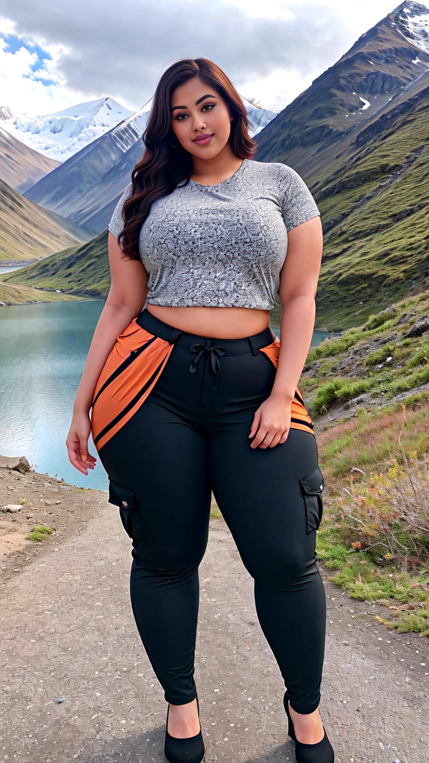 Indian beautiful actress Madhubala sexy curvy plus size body beautiful actress wearing printing crop short blouse Loose Drawstring Wide Waistband Plus Size Cargo Pants in kashmir greenland, camera front facing, smilling face, head to toe view, full body shot, hourglass body shape, curvy plus size body, thick thighs, bigger thick fleshy hips, fleshy thighs, m-cup breasts, full body view, head to to view, full body shot, beautiful curves, curvy model, attractive curves, attractive feminine curves, gorgeous woman, kashmir greenland background,