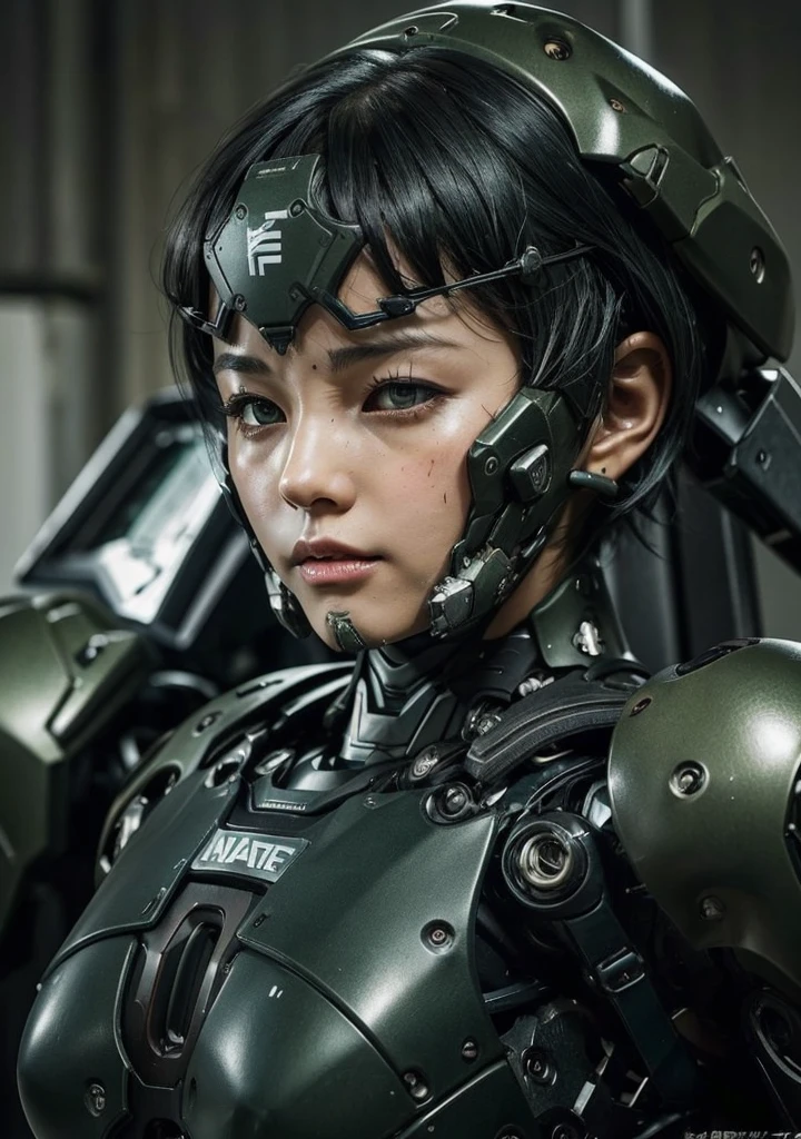 Textured skin, Very detailed, Attention to detail, high quality, 最high quality, High resolution, 1080P, hard disk, beautiful,(War Machine),beautifulサイボーグ女性,Mecha Cyborg Girl,Battle Mode,Girl with a mechanical body　Black Hair　Short Hair Boyish　Dark green armor　Soaked Face　Change is over　Met Off　Steam coming out of the head　Steam coming out of the whole body　Painful expression　Please open your mouth wide　Snug-fitting headgear　Black inner suit