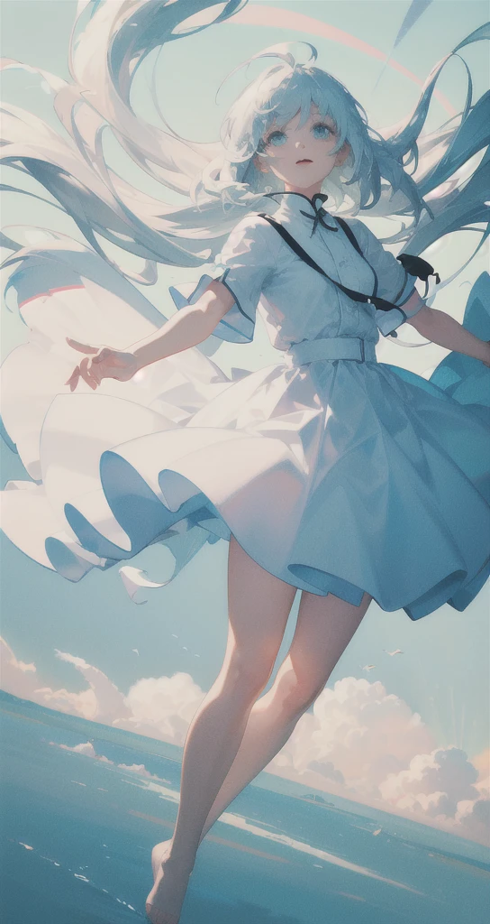 masterpiece, best quality, movie still, 1girl, floating in the sky, cloud girl, cloud, (close-up:1.1), bright, happy, fun, soft lighting, (Bauhaus, shapes, lines, abstract:1.1)