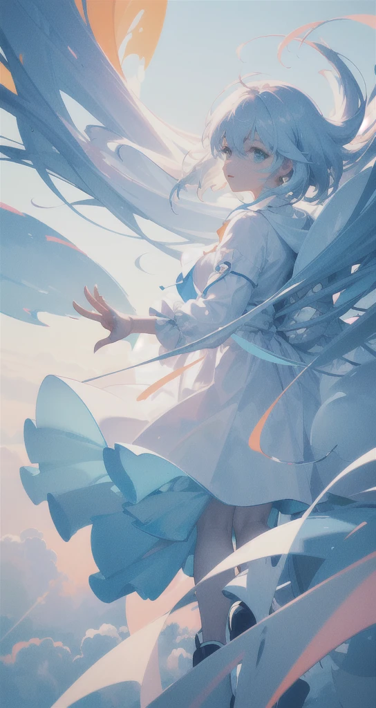 masterpiece, best quality, movie still, 1girl, floating in the sky, cloud girl, cloud, (close-up:1.1), bright, happy, fun, soft lighting, (Bauhaus, shapes, lines, abstract:1.1)