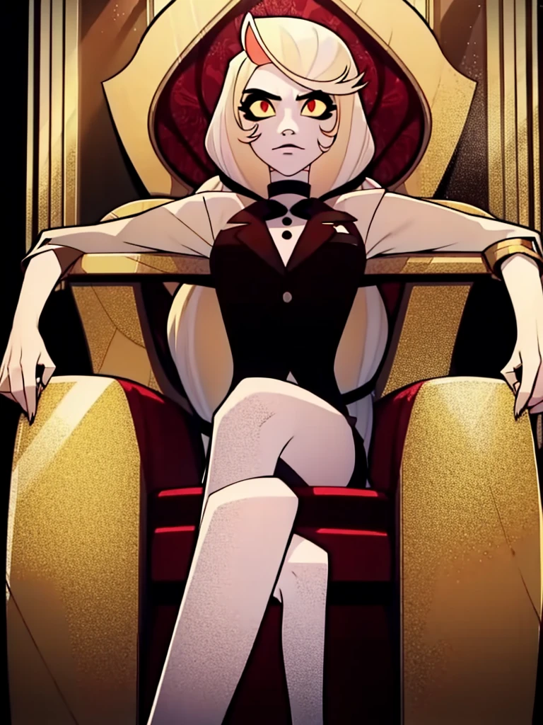 Charlie Morningstar, sitting on throne, horns, crossed legs, blonde, looking at viewer, evil