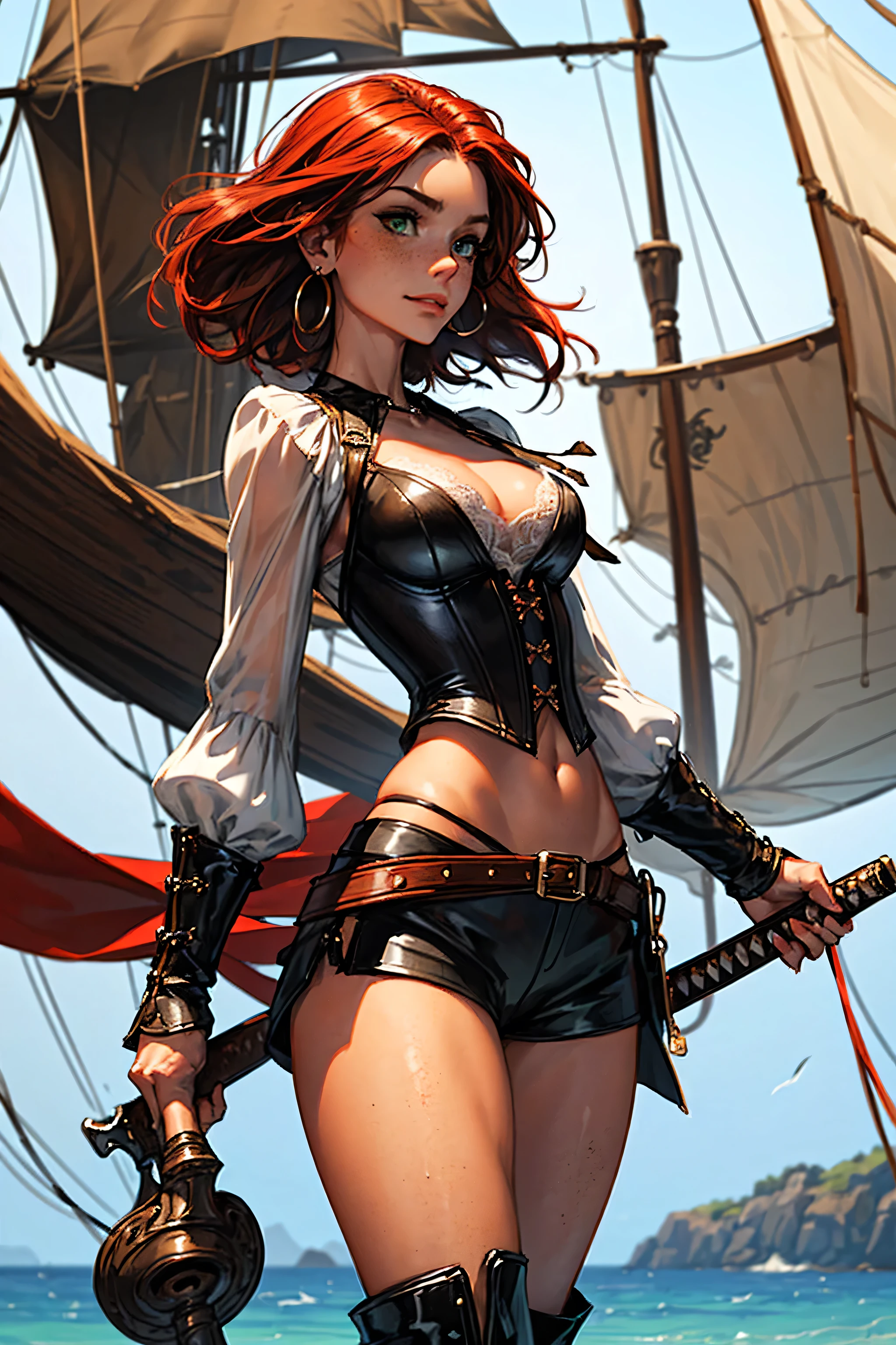 (masterpiece), best quality, expressive eyes, perfect face, (pirate ship background), (standing), (smirk), (closeup view), (1girl,freckled skin,glossy skin, red hair,green eyes, hourglass figure, thin body, skinny body, petite_body, medium breasts, thick thighs, long fingernails, hoop earrings, white front lace blouse, long sleeve, loose fit, black leather corset, brown leather shorts, brown boots, sheathed cutlass sword, flintlock pistol in holster, hoop earrings, miscellaneous jewelry) thong straps