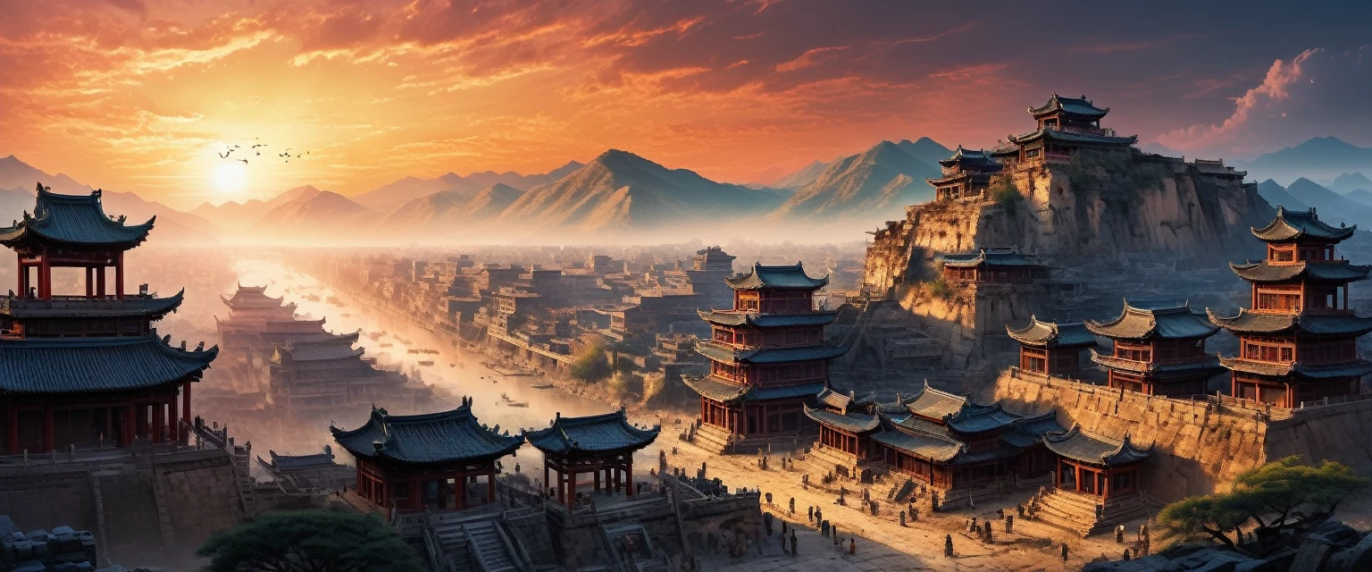 Ancient City at Sunset, by Zao Wou-Ki, panoramic view, Ultra high saturation, (best quality, masterpiece, Representative work, official art, Professional, unity 8k wallpaper:1.3)