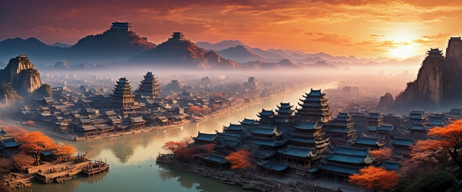 Ancient City at Sunset, by Zao Wou-Ki, panoramic view, Ultra high saturation, (best quality, masterpiece, Representative work, official art, Professional, unity 8k wallpaper:1.3)