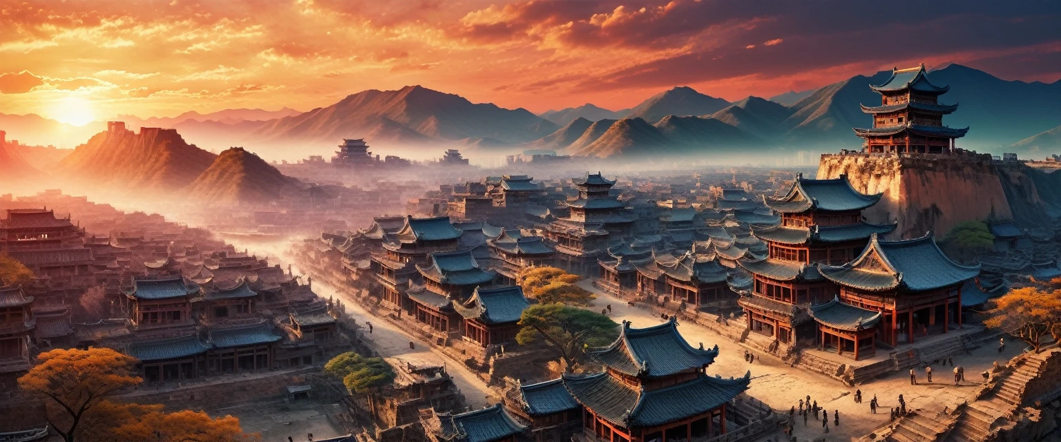 Ancient City at Sunset, by Zao Wou-Ki, panoramic view, Ultra high saturation, (best quality, masterpiece, Representative work, official art, Professional, unity 8k wallpaper:1.3)