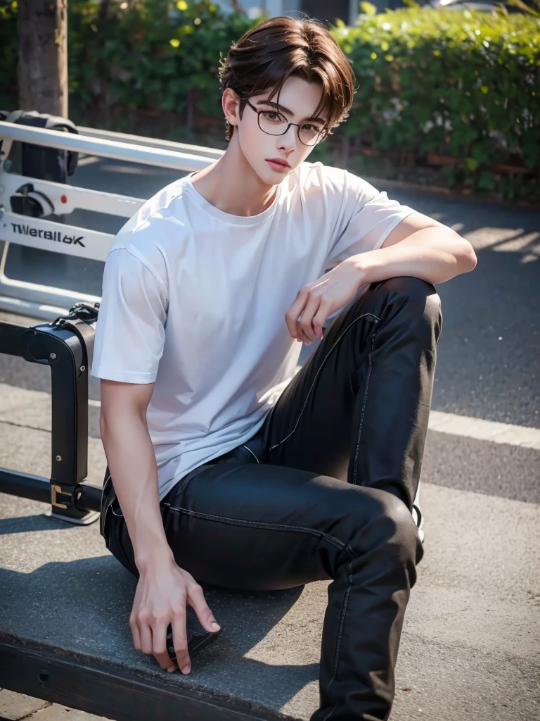1 age boy, detailed eyes, curly brown hair, pale smooth skin, sitting outdoors, black skinny jeans, plaid shirt outside, t-shirt inside, model, (best quality,4k,8k,highres,masterpiece:1.2),ultra-detailed,(realistic,photorealistic,photo-realistic:1.37),hyperrealistic, cinematic lighting, professional photography, natural setting, warm color tones, pale skin ultra realistic soft smooth skin, soft smile, wearing glasses,skater boy vibe, sitting at skatepark, handsome man, very handsome face