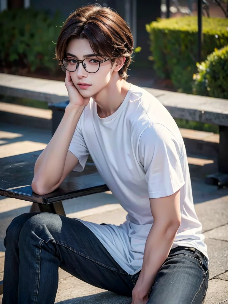 1 teenage boy, detailed eyes, curly brown hair, pale smooth skin, sitting outdoors, black skinny jeans, plaid shirt outside, t-shirt inside, model, (best quality,4k,8k,highres,masterpiece:1.2),ultra-detailed,(realistic,photorealistic,photo-realistic:1.37),hyperrealistic, cinematic lighting, professional photography, natural setting, warm color tones, pale skin ultra realistic soft smooth skin, soft smile, wearing glasses,skater boy vibe, sitting at skatepark, handsome man, very handsome face