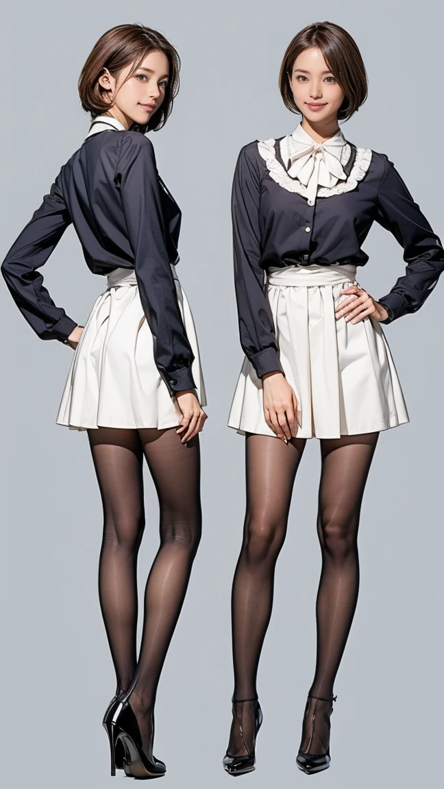 ((masterpiece)),(((Highest quality))),((Character design sheet)),Thin thighs,Long legs,Bunny girl in a light blue maid outfit:1.5,Wearing light blue tights:1.5,The best smile:1.5,Full Body Shot:1.5,Gray background:1.5,Wearing black high heels:1.5,short side waves:1.5,