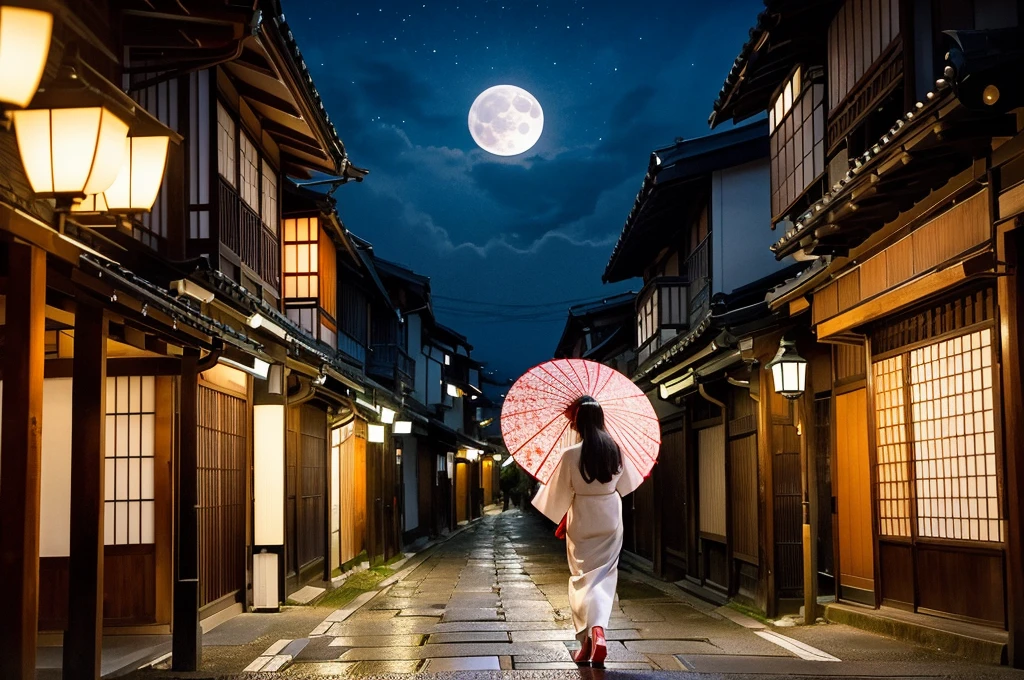 8k image, old Kyoto streets, street after rain, back view of young gorgeous woman in white floral kimono with large red Japanese umbrella, full moon in night sky, beautiful night sky, back view walking in distance in traditional beautiful Kyoto streets, no sign, watercolor painting
