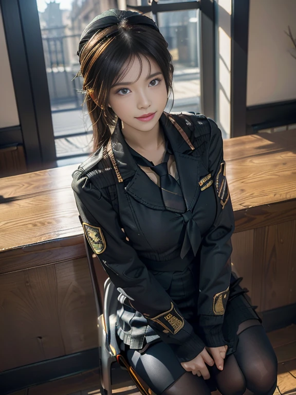 (from above:1.2),(Beautiful Allafed Woman),(((emphasizing breasts:1.0))),(Dynamic angles),(Dynamic and sexy bending pose:1.3),(sit a chair:1.3),(masterpiece:1.2), (Military uniform magazine cover:1.4),best quality,PIXIV,Sweet girl , sexy posture,1girl, (perky chest:1.2), rolling upskirt by wind:1.6, (with sparkling eyes and a contagious smile),open mouth, (pointed chest:1.2),fishnets, black hair, boots, long hair, black nails, skirt, shirt, solo, black footwear, bag, black skirt, jewelry, sitting, jacket, on head, black jacket, thigh strap, bangs, necktie, earrings, nail polish, white shirt, fishnet pantyhose, pantyhose, platform footwear, multicolored hair, looking at viewer, full body, bottle, own hands together, belt, jacket on shoulders, food, animal on head, black necktie, ring, choker, english text, collared shirt, blue eyes, platform boots, hat, cross-laced footwear, lace-up boots ,A scene of cooking in the kitchen
