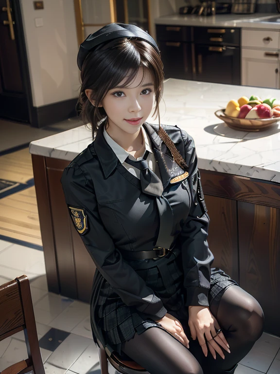 (from above:1.2),(Beautiful Allafed Woman),(((emphasizing breasts:1.0))),(Dynamic angles),(Dynamic and sexy bending pose:1.3),(sit a chair:1.3),(masterpiece:1.2), (Military uniform magazine cover:1.4),best quality,PIXIV,Sweet girl , sexy posture,1girl, (perky chest:1.2), rolling upskirt by wind:1.6, (with sparkling eyes and a contagious smile),open mouth, (pointed chest:1.2),fishnets, black hair, boots, long hair, black nails, skirt, shirt, solo, black footwear, bag, black skirt, jewelry, sitting, jacket, on head, black jacket, thigh strap, bangs, necktie, earrings, nail polish, white shirt, fishnet pantyhose, pantyhose, platform footwear, multicolored hair, looking at viewer, full body, bottle, own hands together, belt, jacket on shoulders, food, animal on head, black necktie, ring, choker, english text, collared shirt, blue eyes, platform boots, hat, cross-laced footwear, lace-up boots ,A scene of cooking in the kitchen
