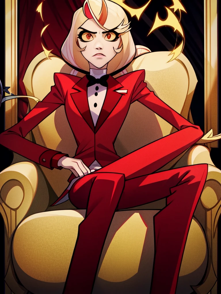 Charlie Morningstar, sitting on throne, horns, crossed legs, blonde, looking at viewer, evil, red tuxedo