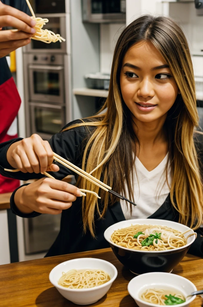 Human eating noodles