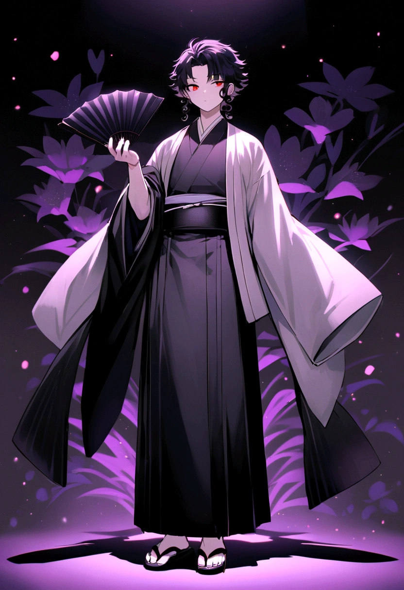 Male anime character Height 1.9 mts, black curly hair reaching the shoulders, Traditional gray kimono from Japan with black and white flowers, traditional sandals, red eyes with purple glow and a black fan in the right hand