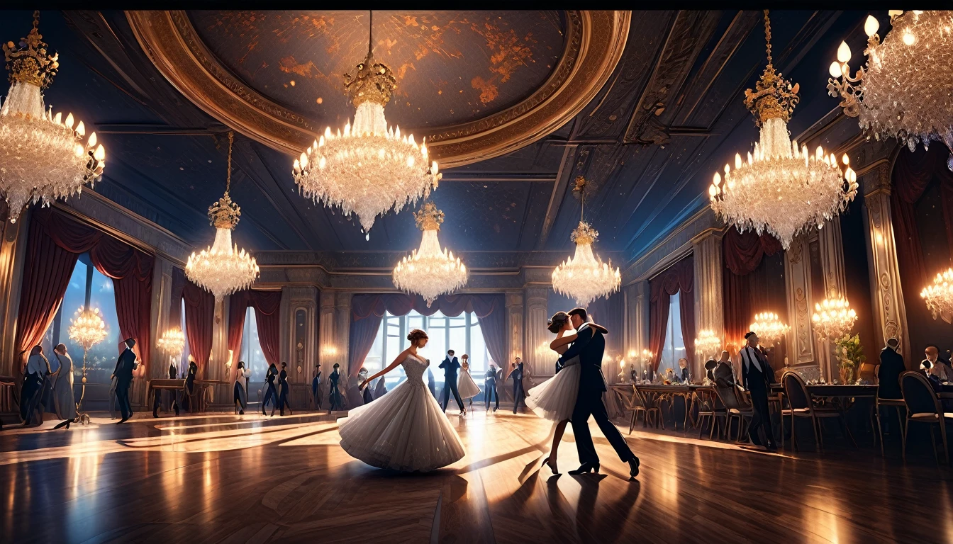 A grand, dimly lit ballroom, anime style, viewed from a distance, luxurious interior, elegant architecture, ornate chandeliers, intricate details, dramatic lighting, atmospheric, beautiful people dancing, graceful movements, vibrant colors, rich textures, (best quality,4k,8k,highres,masterpiece:1.2),ultra-detailed,(realistic,photorealistic,photo-realistic:1.37),cinematic,dramatic composition,ornate,ornamental,highly detailed,intricate patterns,exquisite craftsmanship