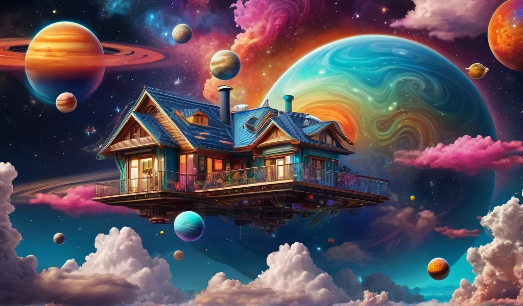 colorful, highly detailed, best quality, floating house on the clouds, colorful planets in the cosmos