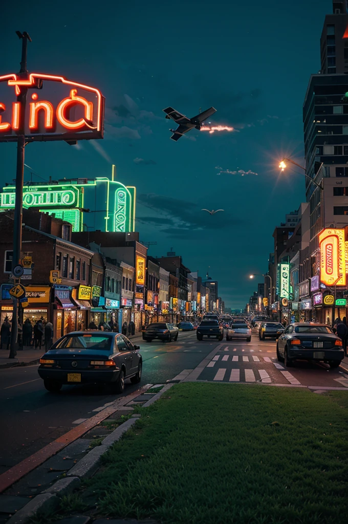 A city with lots of grass and colorful neon lights with lots of cars flying around and
