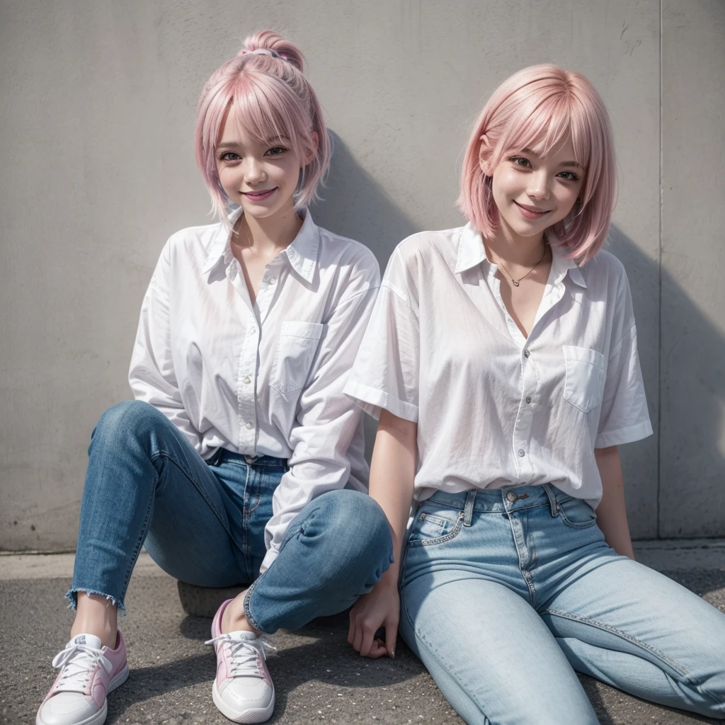 A girl wearing a white button-down shirt and blue skinny jeans, and some white tennis shoes, who has straight pink hair and who has a mischievous smile