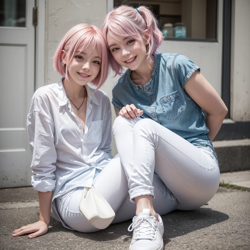 A girl wearing a white button-down shirt and blue skinny jeans, and some white tennis shoes, who has straight pink hair and who has a mischievous smile 