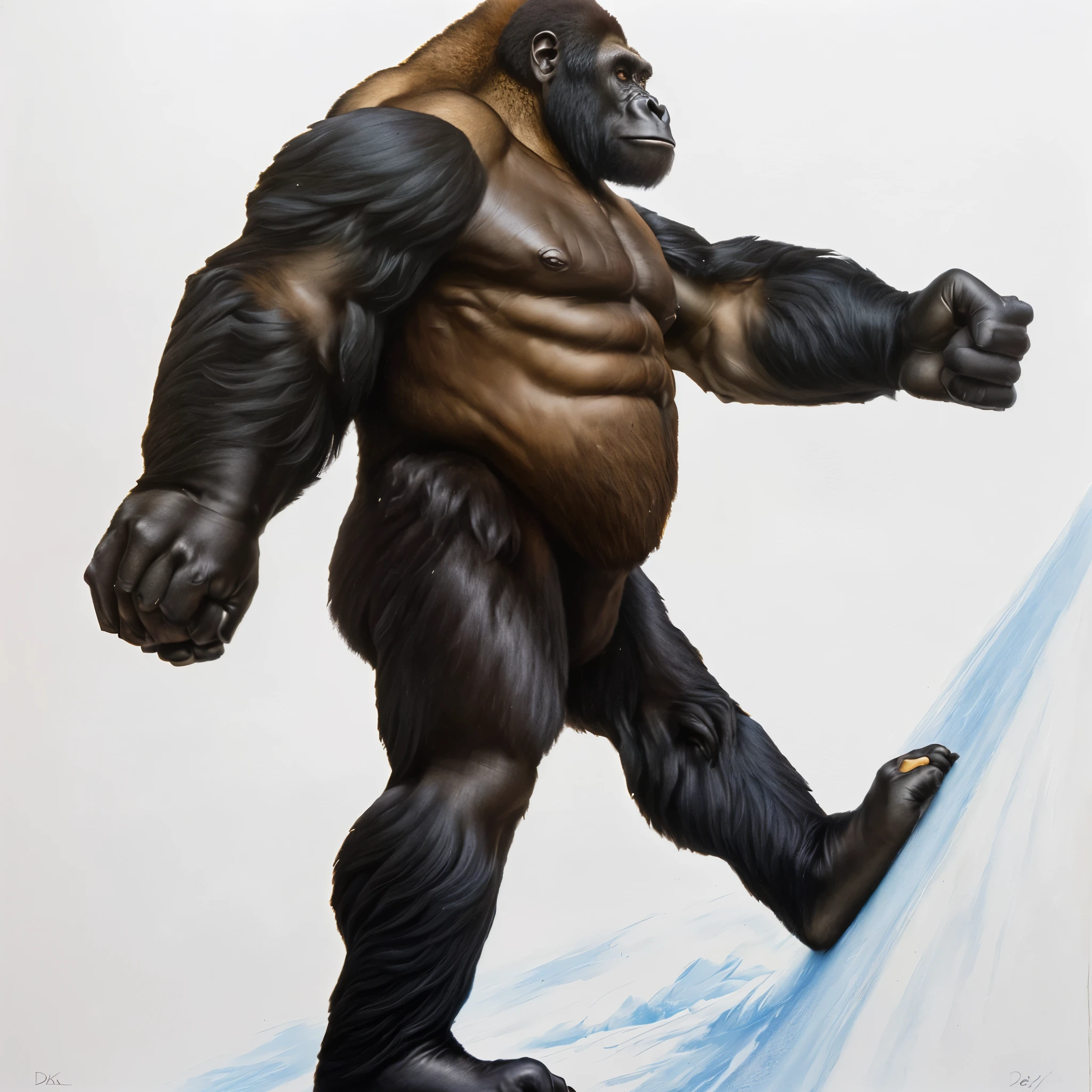 a close up of a gorilla walking with its foot on a white surface, gorilla, like gorilla, king kong, in style of primal apes, by Derek Hill, big foot, high detail iconic character, bigfoot, an king kong rage on street, slightly muscular, style of alex ross, alex ross style, inspired by Alex Petruk APe, strong and imposing