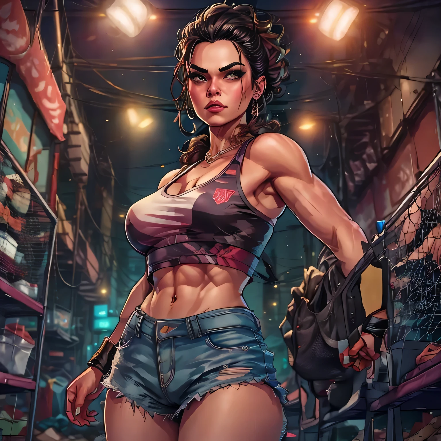 gorgeous very muscular body with tattoos "26 year old" tall barbarian woman ("lucy lawless"), in a busy medieval street market (crowded with people), solo, dust, dirt, very muscular body, muscular arms with veins bulging, body tattoos, pale skin, (from side), shoulder length black hair, "no shirt", wearing leather acessories, (nearly without clothes:1.6), areola slip, perfect abs, very muscular legs, hairy pubes, pubic hair, bottomless, bare shoulders, breasts, thick eyebrows, thick eyelashes, ((masterpiece)), shiny skin, ass, UHD, best quality, highres, high details, 8k, sharpen focus, hot day, nasty, lewd, naughty, obscene