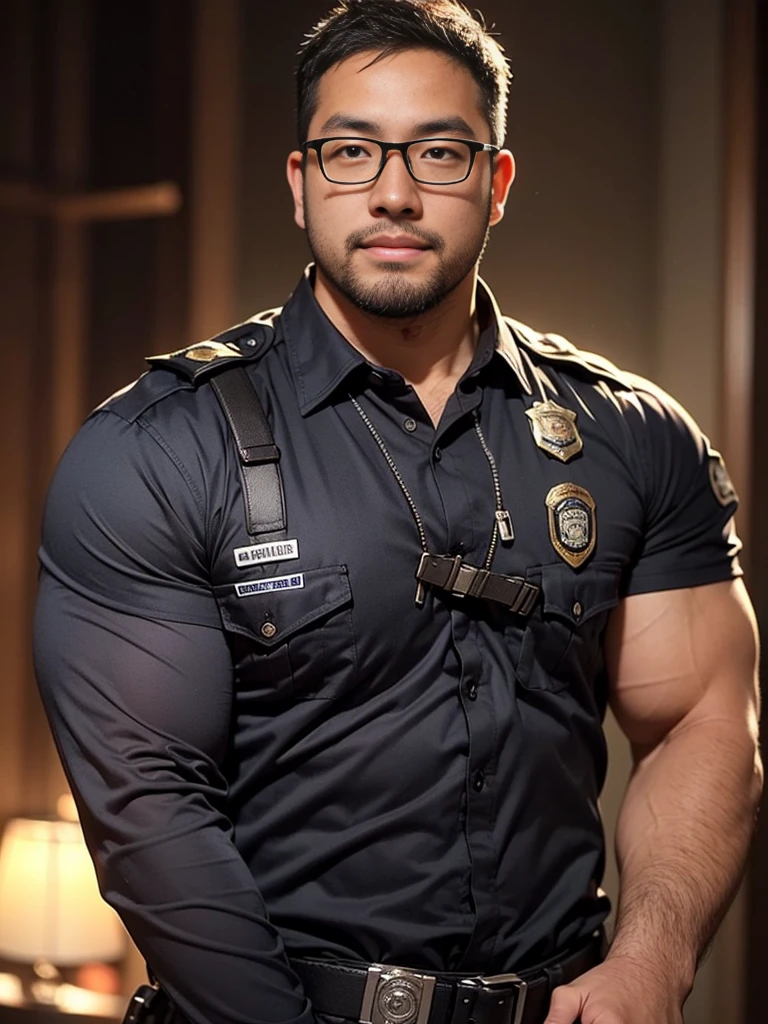 An award-winning original photo，a handsome 38-year-old man, crew cut, (((full body))), (((landscape))), mature man, [slightly fat], asian man, rounded face, brown eyes, ((rounded face)), glasses, fair skin tone, light skin tone, balding, 1boy, Solo, (big shoulders), musculature, (((stubbles, Short beard))), (Beautiful eyes:1.3), (Detailed face:1.3), wearing glasses, Dynamic Angle, volumetric lighting, (Best quality, A high resolution, Photorealistic), Cinematic lighting, Masterpiece, RAW photo, Intricate details, (extremely detailed 8k wallpaper), masterpiece 16k photo, yellow police costume, police hat,