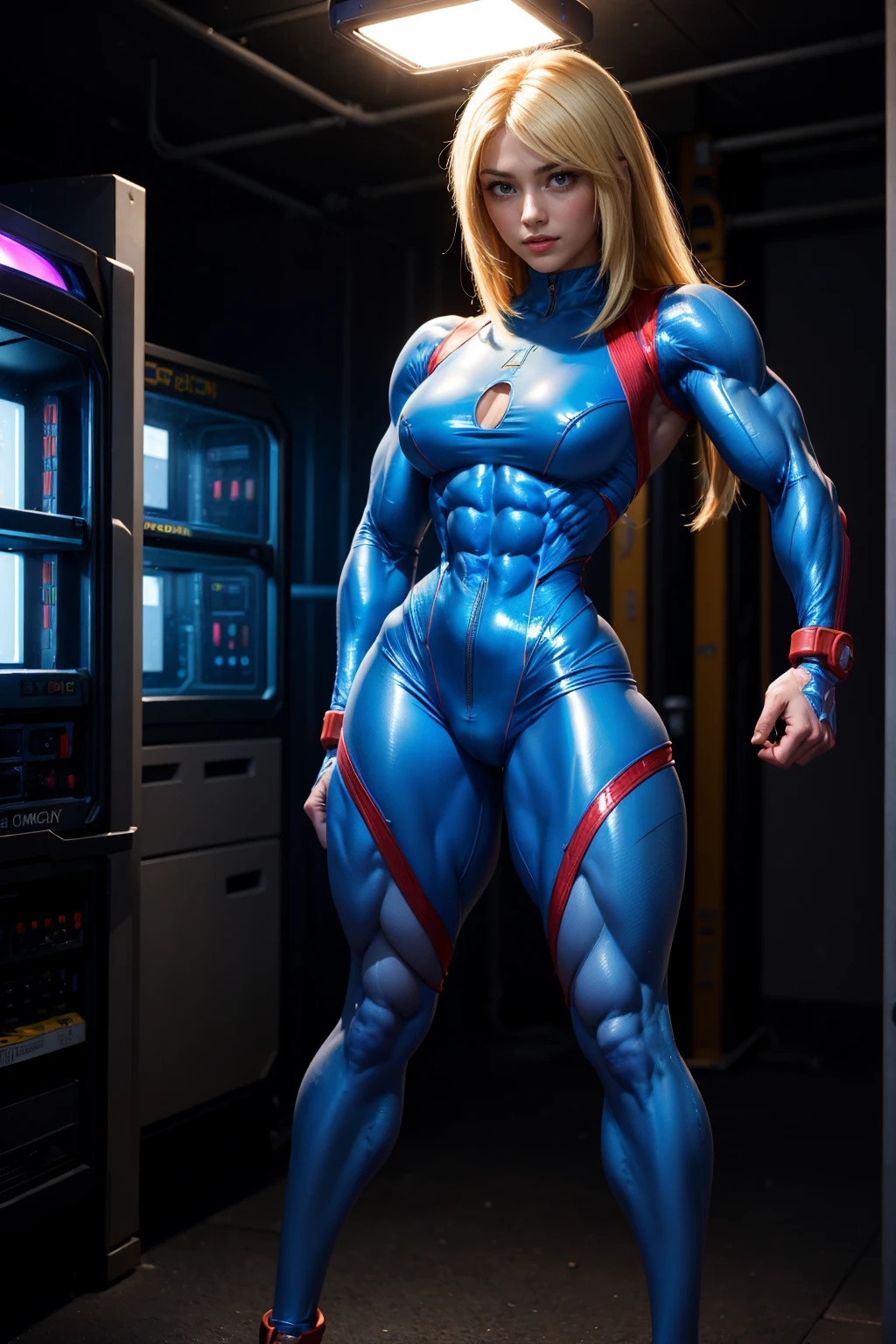 (Muscular:2.6), (thick thighs:1.2), (large round breasts:1), (large muscular chest and shoulders:1), FEMALE, blonde hair, long blonde hair, (big smile:1), (wearing tight sexy shiny blue Samus Zero Suit:1.6), looking at viewer, (three quarter view:1.3), upper body view, (dark futuristic lab at night:1.5), (dark lighting:2), detailed skin, detailed eyes, (clean skin:1.5), (very thin waist:1.6), (huge body muscles:1.8), (one protagonist:1.5),