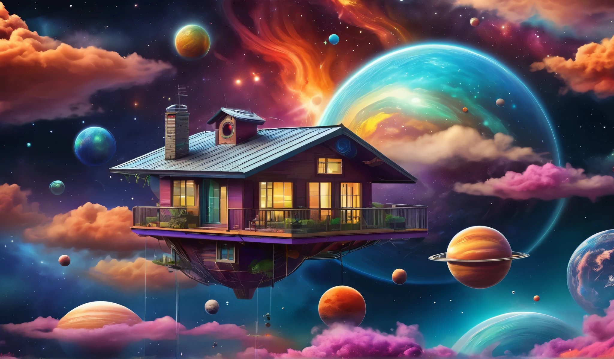 colorful, highly detailed, best quality, floating house on the clouds, colorful planets in the cosmos
