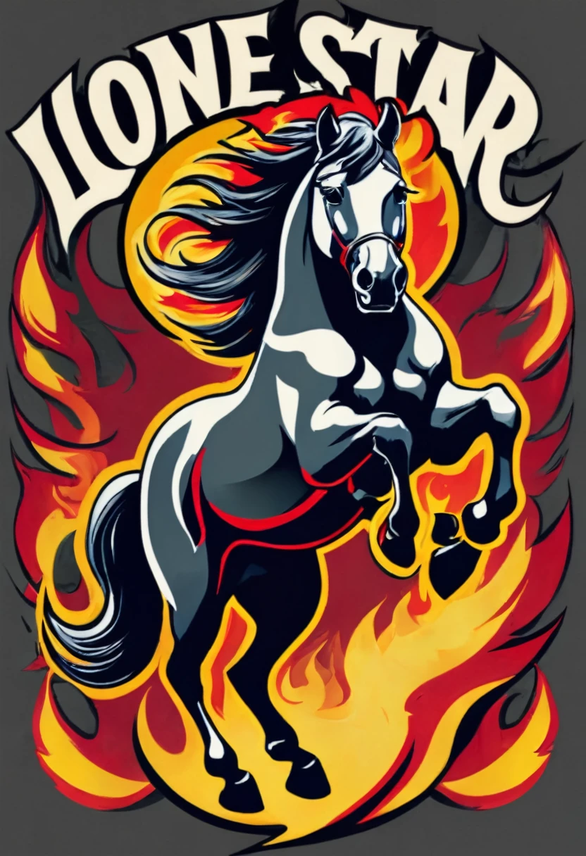 **Top Rocker:**
- **Text:** "LONE STAR CREW" in bold, capital letters completing the top rocker.
- **Background:** Rich crimson with sleek black outlines.
- **Font:** Powerful, serif typeface with a weathered, vintage aesthetic.
**Center Patch:**
- **Main Image:** A fierce, blazing stallion rearing up on its hind legs.
- **Details:** Flames emanating from the stallion's mane, tail, and hooves, creating a dynamic and intense appearance.
- **Colors:** Predominantly fiery red, vibrant orange, and glowing yellow flames with dark accents of black and charcoal for the stallion.
No text beneath the center patch.,(Masterpiece:1.3), (best quality:1.3), official art, 8k, intricate details, high details, high resolution,