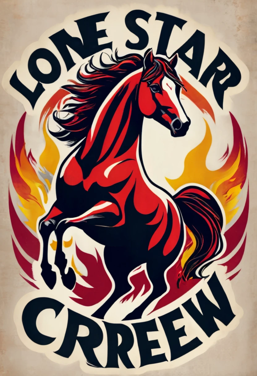 **Top Rocker:**
- **Text:** "LONE STAR CREW" in bold, capital letters completing the top rocker.
- **Background:** Rich crimson with sleek black outlines.
- **Font:** Powerful, serif typeface with a weathered, vintage aesthetic.

**Center Patch:**
- **Main Image:** A fierce, blazing stallion rearing up on its hind legs.
- **Details:** Flames emanating from the stallion's mane, tail, and hooves, creating a dynamic and intense appearance.
- **Colors:** Predominantly fiery red, vibrant orange, and glowing yellow flames with dark accents of black and charcoal for the stallion.

No text beneath the center patch.,(Masterpiece:1.3), (best quality:1.3), official art, 8k, intricate details, high details, high resolution,